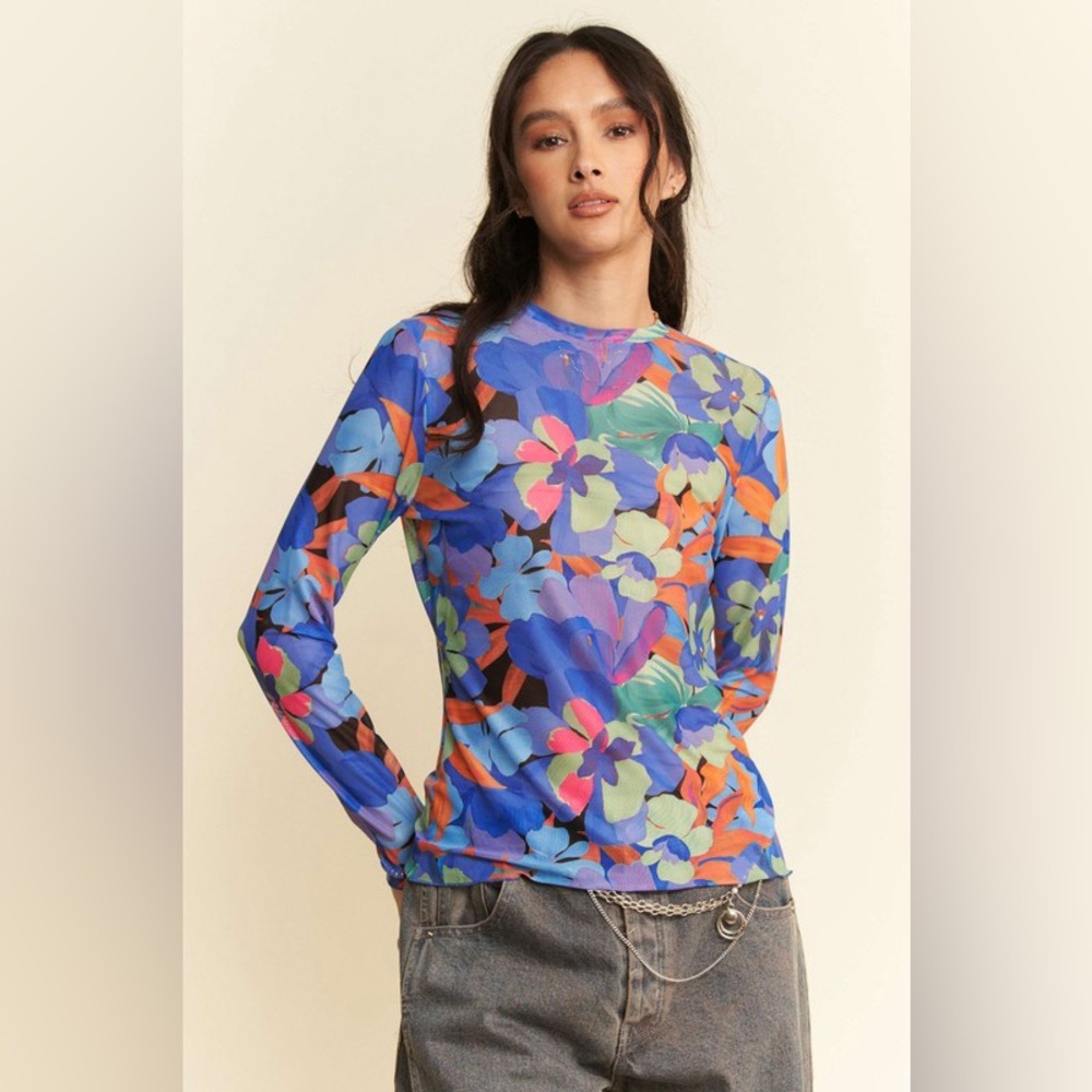 🟠313B-BLUE. Floral Printed Long Sleeve Mesh Top